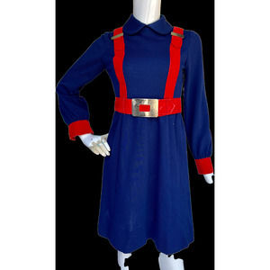 70s Blue and Red Faux Jumper Strap Buckled Dress